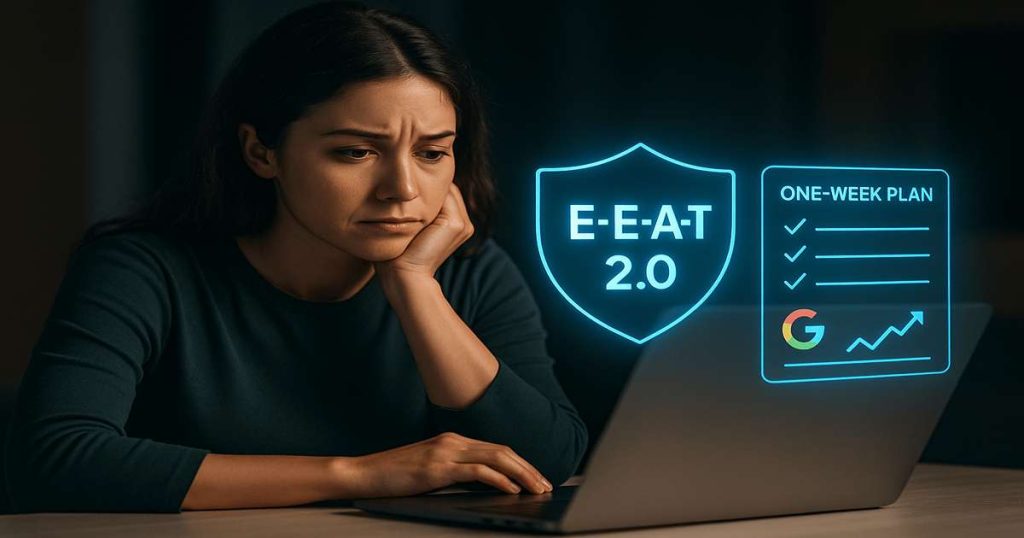 E E A T framework for SEO shown as four connected pillars, Experience, Expertise, Authoritativeness, Trust
